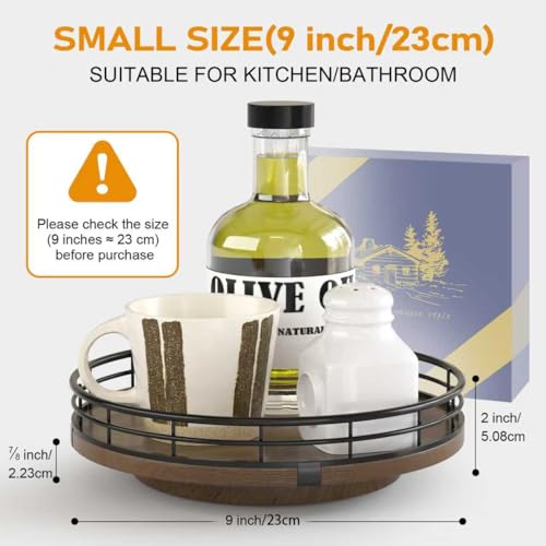 AMH Farmhouse Oak 9" Lazy Susan Turntable Organizer for Cabinet, Round Wooden Lazy Susan Organization and Storage for Dining Table, Pantry, Kitchen, Countertop, Cupboard,Home Decor, Walnut Wood - Image 4