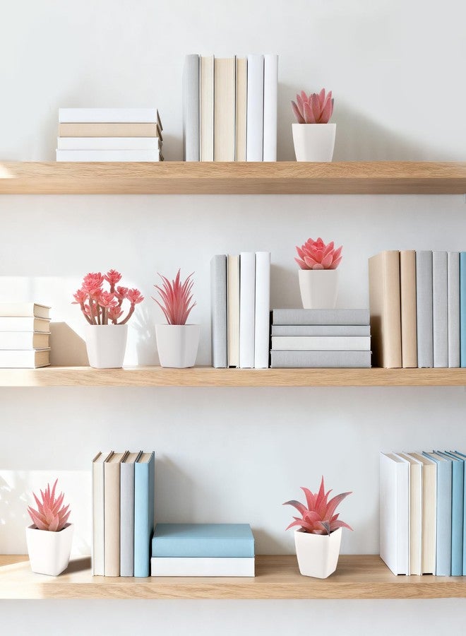 Woration 6Pcs Small Artificial Pink Succulent Set Fake Flocking Succulents Plants Potted Floral Arrangement for Shelf Office Home Desk Decorations - White Pots - Image 2