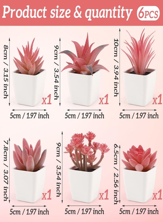 Woration 6Pcs Small Artificial Pink Succulent Set Fake Flocking Succulents Plants Potted Floral Arrangement for Shelf Office Home Desk Decorations - White Pots - Image 3