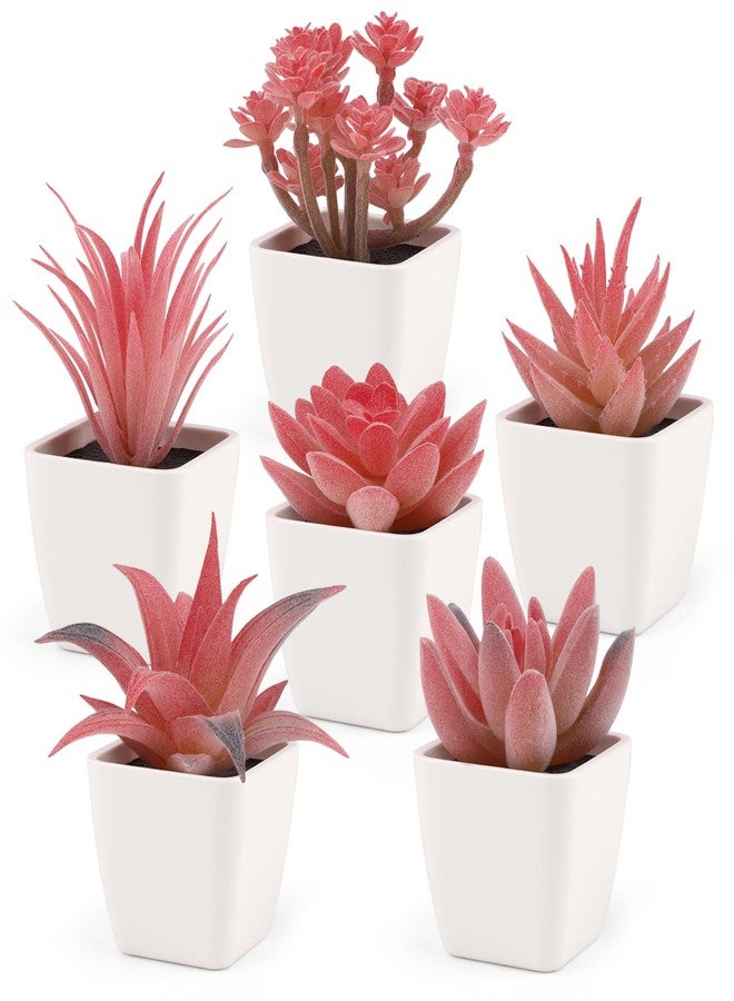 Woration 6Pcs Small Artificial Pink Succulent Set Fake Flocking Succulents Plants Potted Floral Arrangement for Shelf Office Home Desk Decorations - White Pots - Image 1