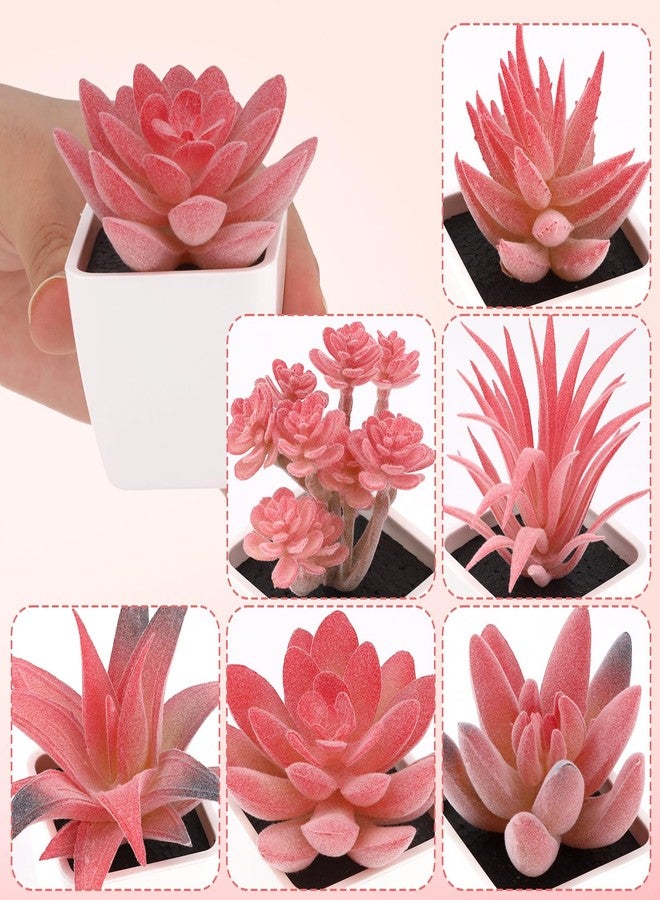 Woration 6Pcs Small Artificial Pink Succulent Set Fake Flocking Succulents Plants Potted Floral Arrangement for Shelf Office Home Desk Decorations - White Pots - Image 4