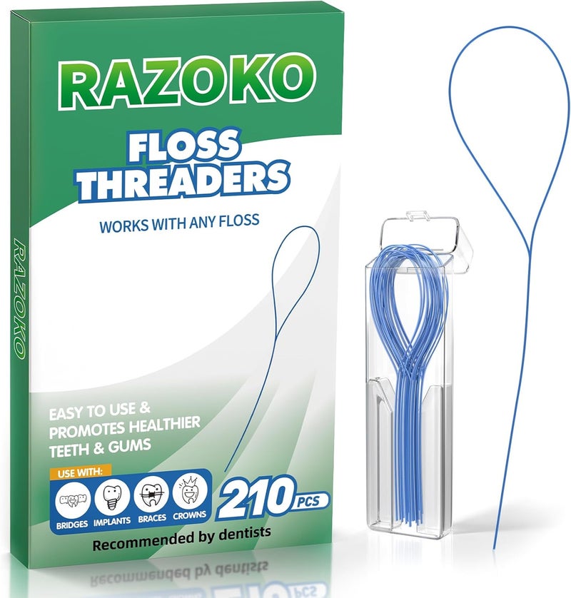 RAZOKO Dental Floss Threaders for Braces, Bridges, Implants & Crowns - 210 Count with Travel Case - Image 1