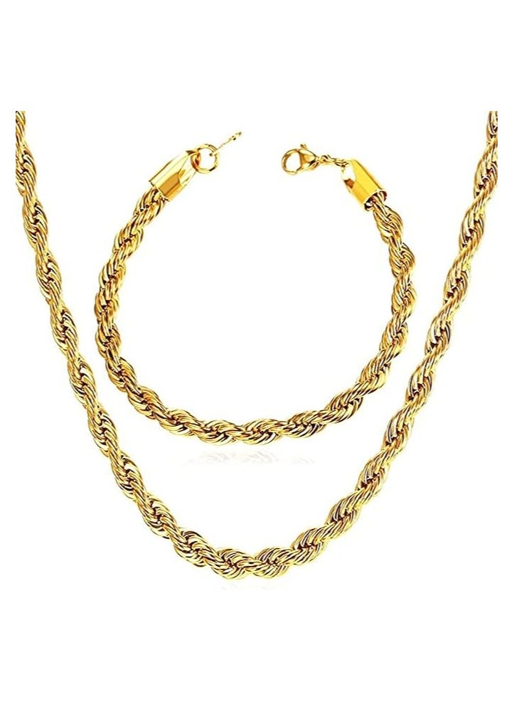 Julia Store 3mm Diamond Cut Rope Chain Braided Necklace Bracelet Set 18K Real Gold Plated Fashion Chains for Men Women By Julia Store  - Image 1