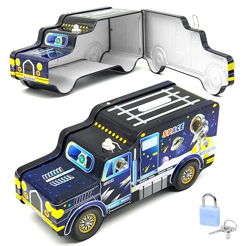 VGRASSP Space Theme Metal Bus Piggy Bank Toy for Kids - Cute Money Safe with Lock and 2 Keys - Gullak Coin Box Gift - Color As Per Stock - Image 1