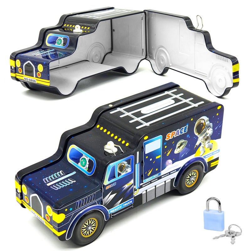VGRASSP Space Theme Metal Bus Piggy Bank Toy for Kids - Cute Money Safe with Lock and 2 Keys - Gullak Coin Box Gift - Color As Per Stock - Image 4