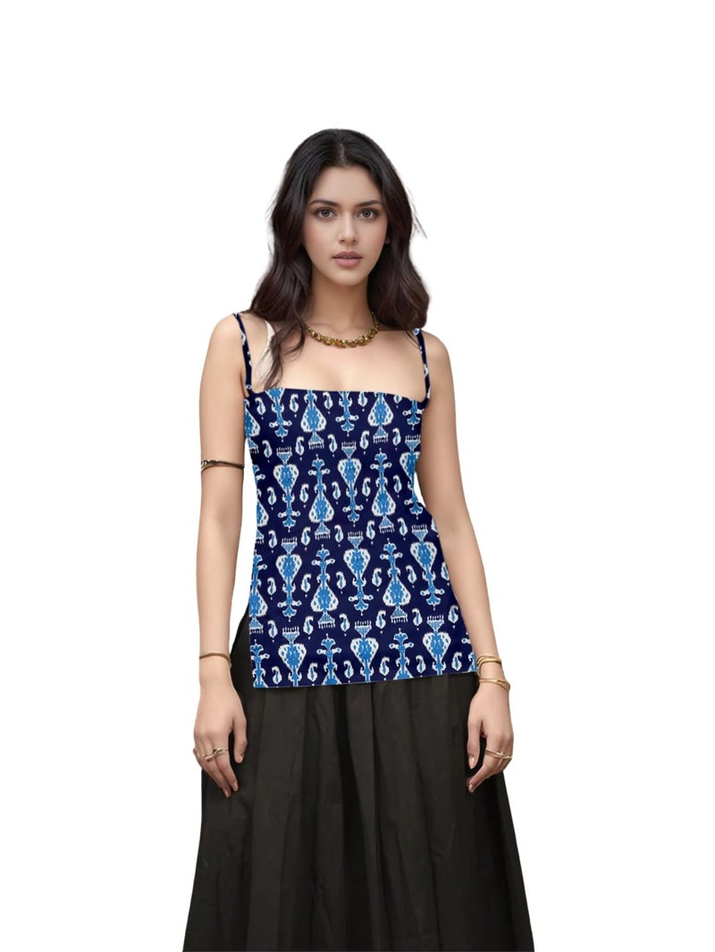 Aahwan LBlue Printed Square Neck Sleeveless Backless Short Indo-Western Ethnic Kurti Top for Women's & Girl's (356-LBlue-XS) - Image 1
