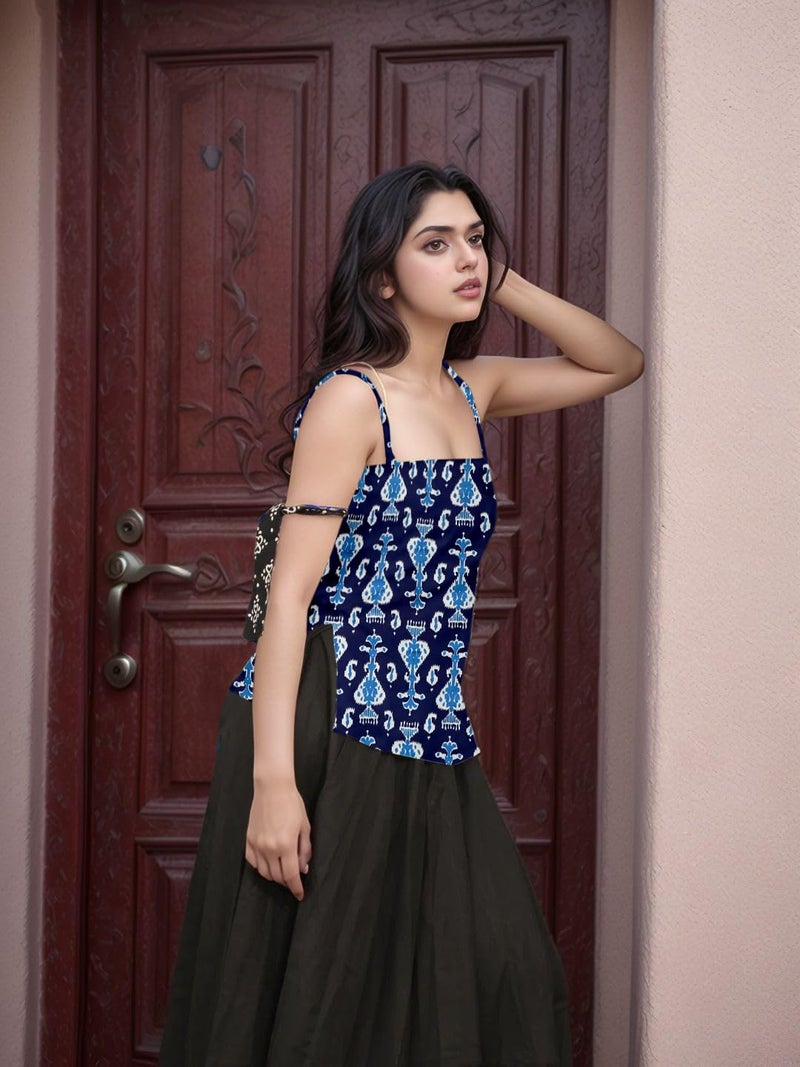 Aahwan LBlue Printed Square Neck Sleeveless Backless Short Indo-Western Ethnic Kurti Top for Women's & Girl's (356-LBlue-XS) - Image 3