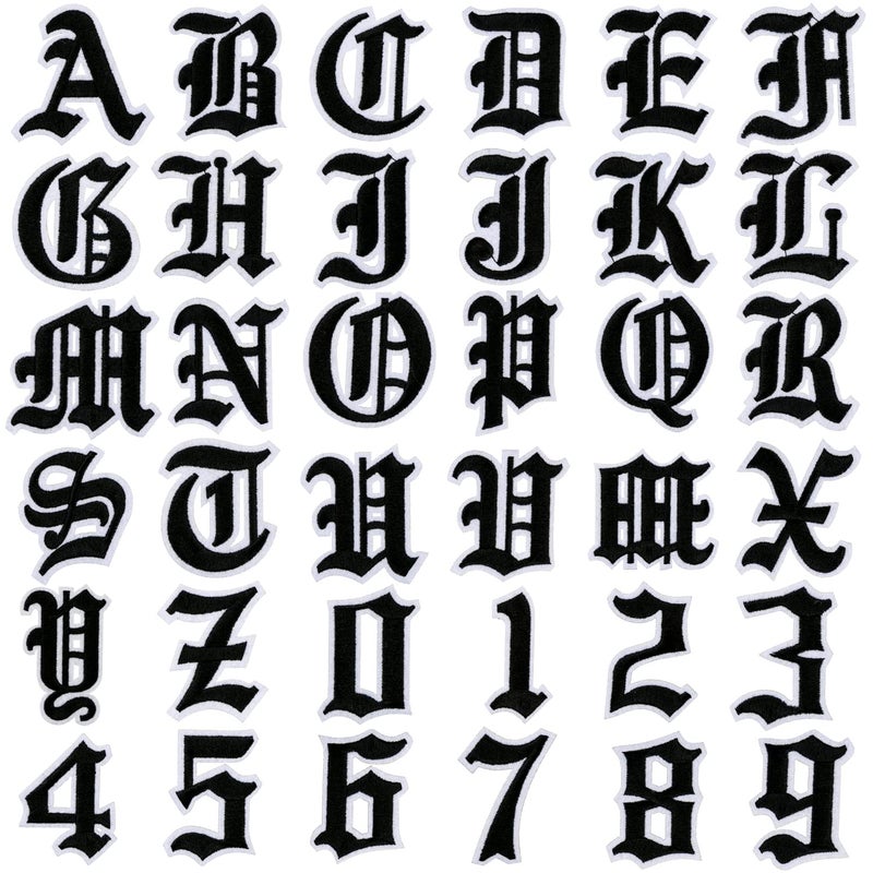 DREMISI Gothic Iron On Letters for Clothing A-Z 26 Varsity Letter Patches Old English Letters 0-9 Iron on Numbers for Clothing Number Badge Goth Iron On Patches Fabric Patches for Jeans Bags, Black - Image 1