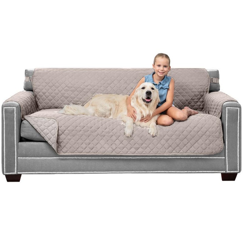 Sofa Shield Couch Slip Cover with Patented Strap Cushion Protector Reversible Stain and Dog Tear Resistant Slipcover Quilted Microfiber 70in Seat Washable Covers for Dogs Pets Kids Light Taupe - Image 1