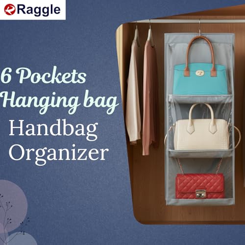 Raggle 6 Pocket Hanging Purse Organizer for Closet, Handbag Holder for Foldable Shelf, Upgrade Dust Proof Organizer with Metal Hooks (Grey, 6 Pocket) - Image 5