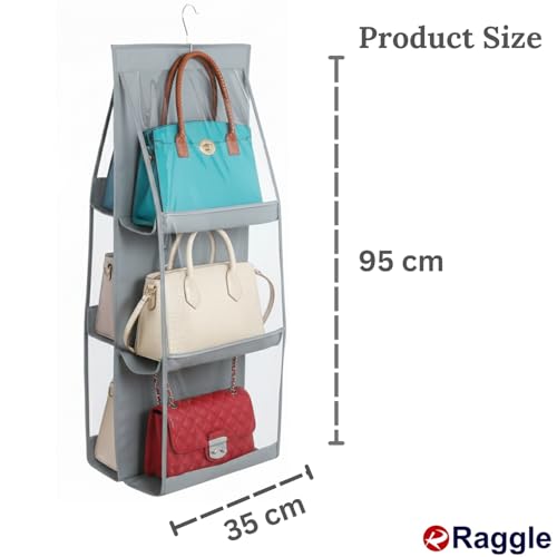 Raggle 6 Pocket Hanging Purse Organizer for Closet, Handbag Holder for Foldable Shelf, Upgrade Dust Proof Organizer with Metal Hooks (Grey, 6 Pocket) - Image 2