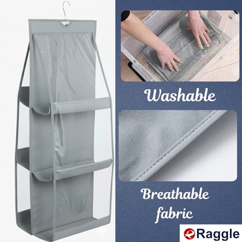 Raggle 6 Pocket Hanging Purse Organizer for Closet, Handbag Holder for Foldable Shelf, Upgrade Dust Proof Organizer with Metal Hooks (Grey, 6 Pocket) - Image 3