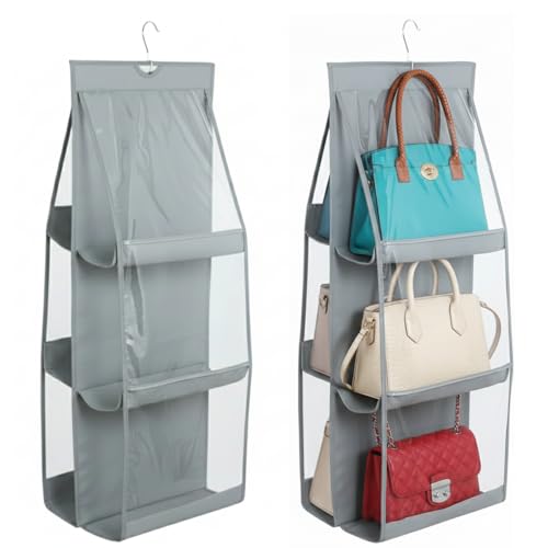 Raggle 6 Pocket Hanging Purse Organizer for Closet, Handbag Holder for Foldable Shelf, Upgrade Dust Proof Organizer with Metal Hooks (Grey, 6 Pocket) - Image 1