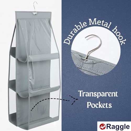 Raggle 6 Pocket Hanging Purse Organizer for Closet, Handbag Holder for Foldable Shelf, Upgrade Dust Proof Organizer with Metal Hooks (Grey, 6 Pocket) - Image 4