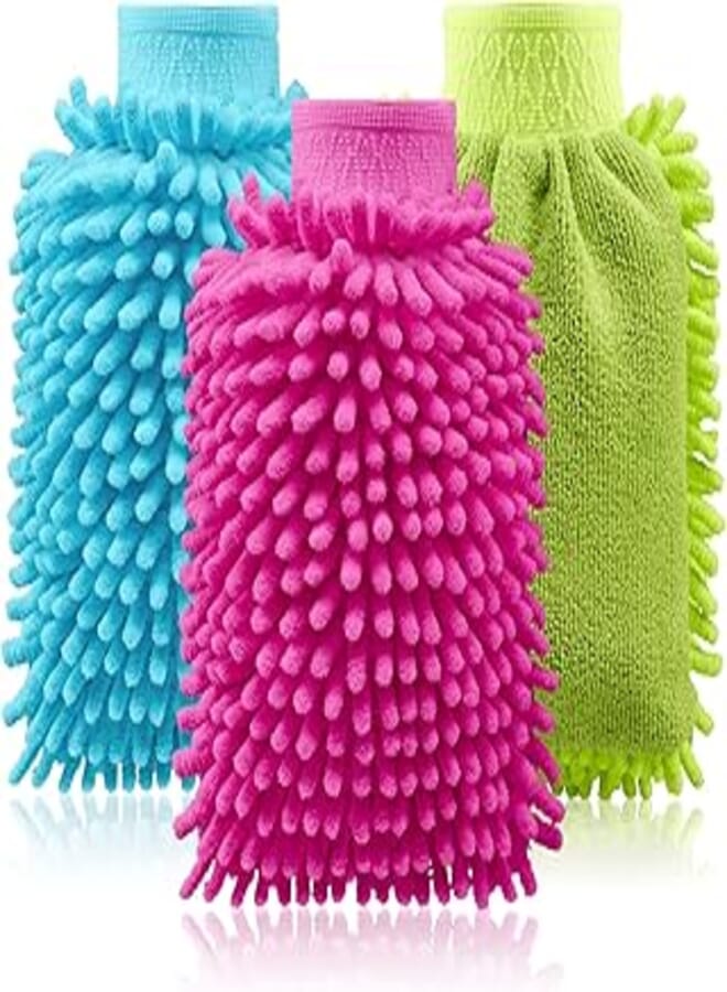 com-four® 3 x Wash Mitt for Car and Household - Microfibre Glove - Chenille Glove - Car Care - Car Wash [Selection Varies] (3 Pieces - Car Wash Set)