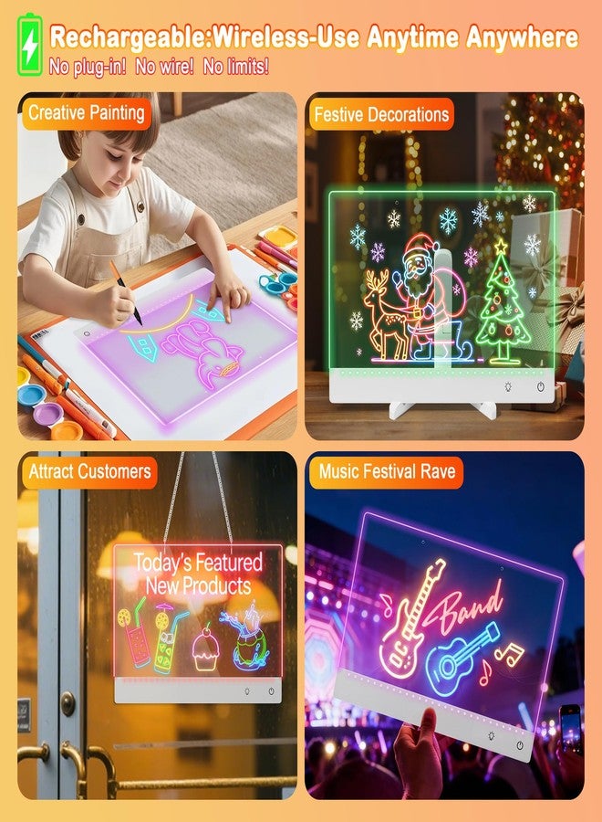 جيفت4يو لوحة رسم مضيئة قابلة لإعادة الشحن مع 12 قلمًا، لوحة كتابة LED مقاس 13.7 × 10 بوصة، لوحة أكريليك قابلة للمسح الجاف مع 7 ألوان إضاءة، لوحة رسائل مضيئة للرسم والرسم، هدية مثالية لأعياد الميلاد والهالوين والكريسماس (أبيض) - Image 3