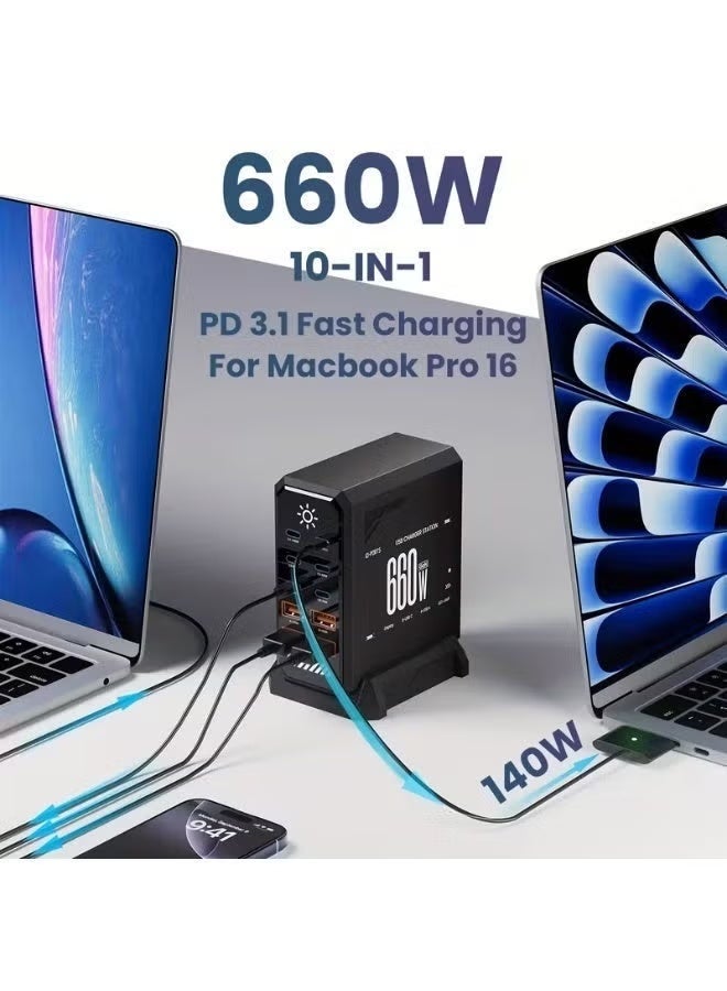 بلو فاير شاحن سريع GaN III بقدرة 660 واط مع 10 منافذ USB-C وUSB-A محطة شحن متعددة الأجهزة تدعم PD 140W لأجهزة ماك بوك وآيفون وسامسونج واللابتوب - Image 5