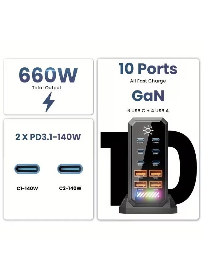 بلو فاير شاحن سريع GaN III بقدرة 660 واط مع 10 منافذ USB-C وUSB-A محطة شحن متعددة الأجهزة تدعم PD 140W لأجهزة ماك بوك وآيفون وسامسونج واللابتوب - Image 2