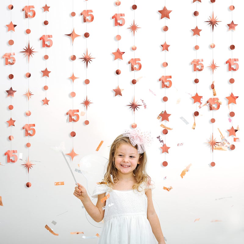 pinkblume Rose Gold 15th Birthday Decorations Number 15 Circle Dot Twinkle Star Garland Metallic Hanging Streamer Bunting Banner Backdrop for Girls Boys Fifteen Year Old Birthday 15th Anniversary Party Supplies - Image 4