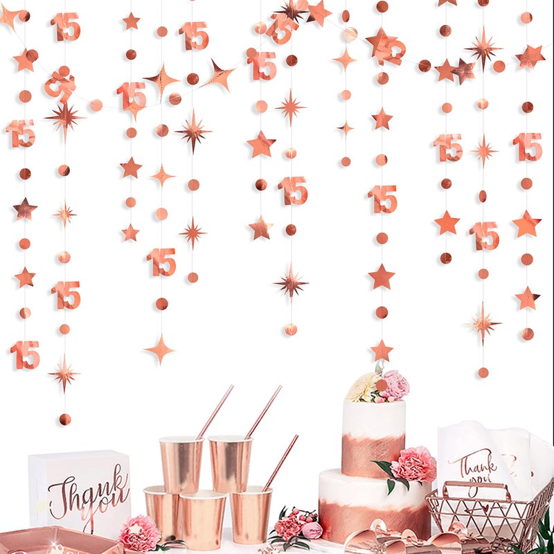 pinkblume Rose Gold 15th Birthday Decorations Number 15 Circle Dot Twinkle Star Garland Metallic Hanging Streamer Bunting Banner Backdrop for Girls Boys Fifteen Year Old Birthday 15th Anniversary Party Supplies - Image 1