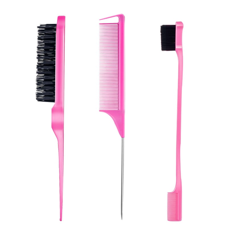 Goiple 3 Pieces Hair Styling Comb Set Teasing Brush Rat Tail Comb Edge Brush for Edge&Back Brushing, Combing, Slicking Hair for Women (Pink) - Image 1