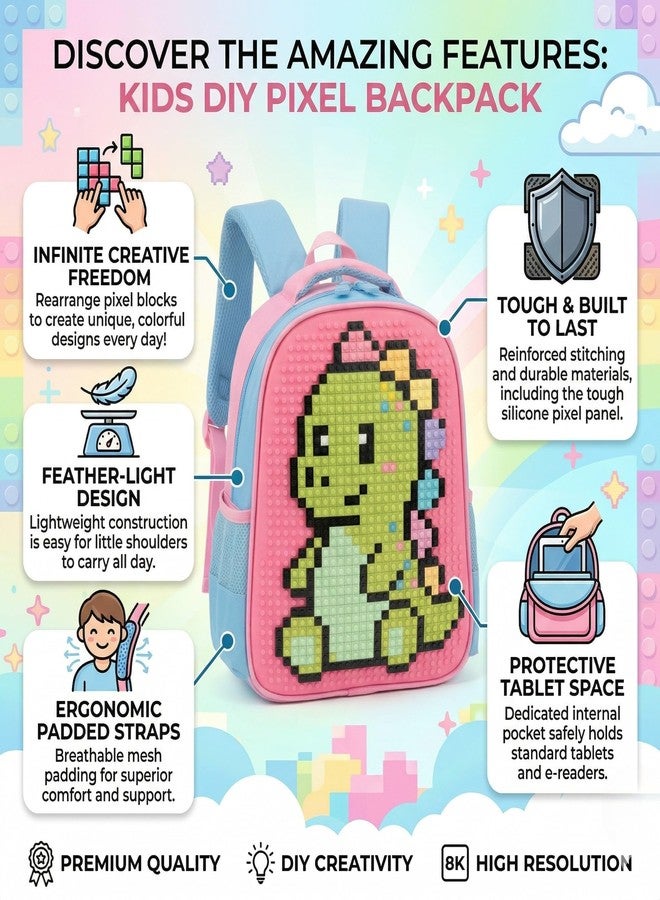 TYPIFY DIY Pixel Art Kids Backpack | Creative Building Block School Bag for Girls & Boys | Small Preschool & Kindergarten Daypack (30x25x10 cm) | Pink & Blue Pastel Unicorn | Gift for Kids - Image 2