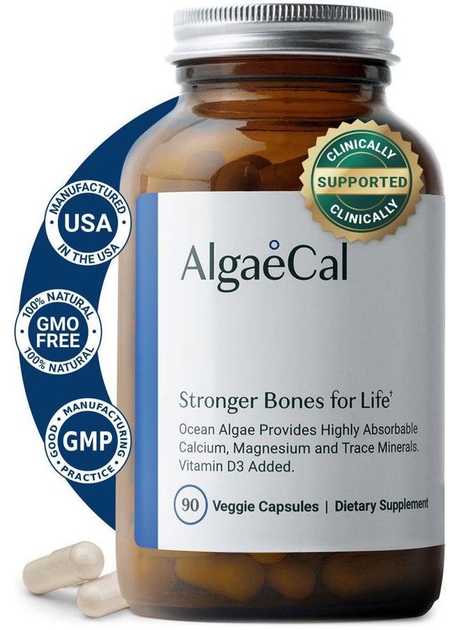 ALGAECAL - Plant Based Calcium Supplement with Vitamin D3 (1000 IU) for Bone Strength, Contains 13 Minerals Supporting Bone Health, Organic Calcium (750 mg), 90 Veggie Caps, Made in USA - Image 1
