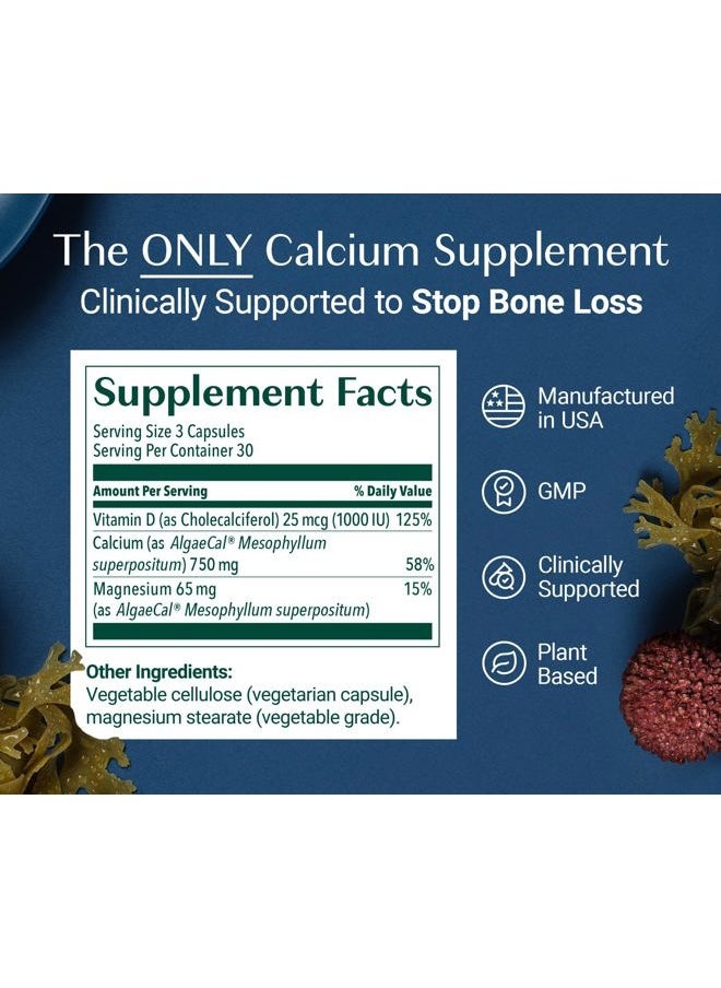 ALGAECAL - Plant Based Calcium Supplement with Vitamin D3 (1000 IU) for Bone Strength, Contains 13 Minerals Supporting Bone Health, Organic Calcium (750 mg), 90 Veggie Caps, Made in USA - Image 1