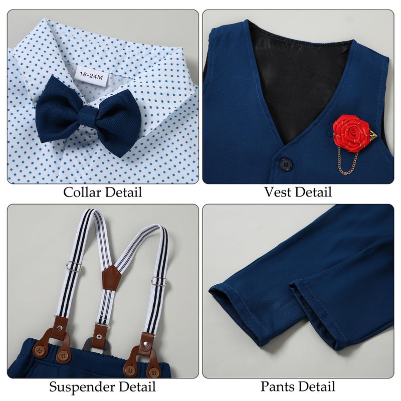 WESIDOM Toddler Boy Clothes Suits Gentleman Wedding Outfits Dress Bowtie Shirt+Vest+Boutonniere+Suspender Pants Sets(Navy Blue+4-5T) - Image 2
