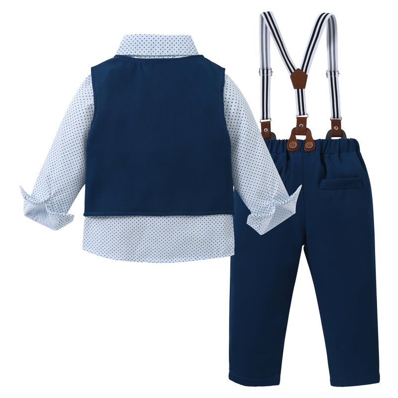 WESIDOM Toddler Boy Clothes Suits Gentleman Wedding Outfits Dress Bowtie Shirt+Vest+Boutonniere+Suspender Pants Sets(Navy Blue+4-5T) - Image 5