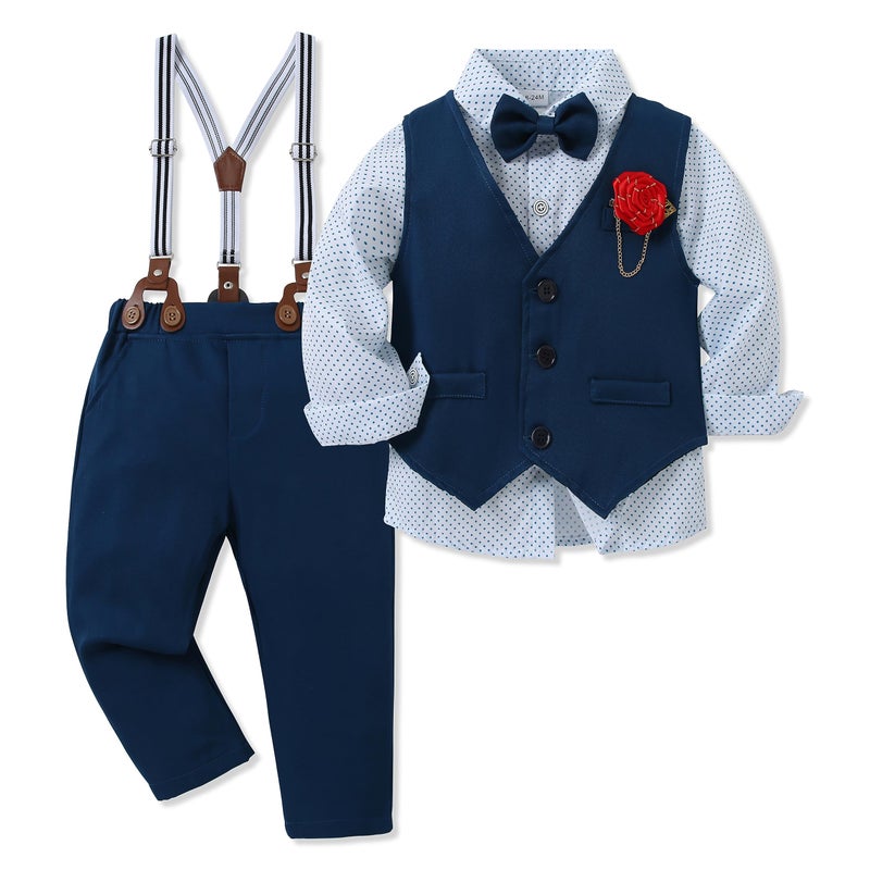 WESIDOM Toddler Boy Clothes Suits Gentleman Wedding Outfits Dress Bowtie Shirt+Vest+Boutonniere+Suspender Pants Sets(Navy Blue+4-5T) - Image 1