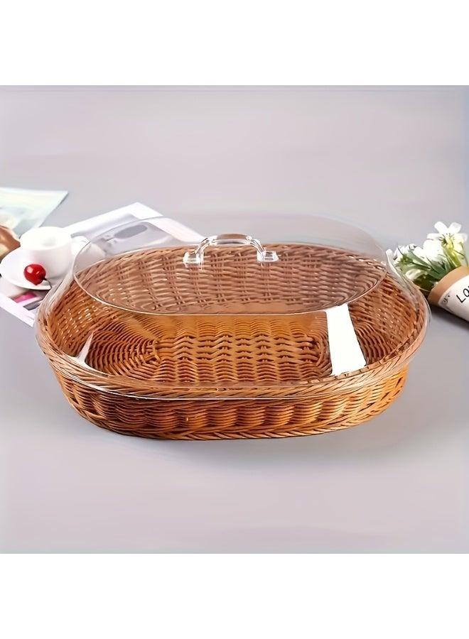 سلة خبز متينة من الخيزران مكونة من قطعة واحدة مع غطاء أكريليك شفاف - صندوق تخزين بلاستيكي قابل لإعادة الاستخدام للفاكهة والحلوى والنزهات والعرض المنزلي وتخزين الخبز - Image 1