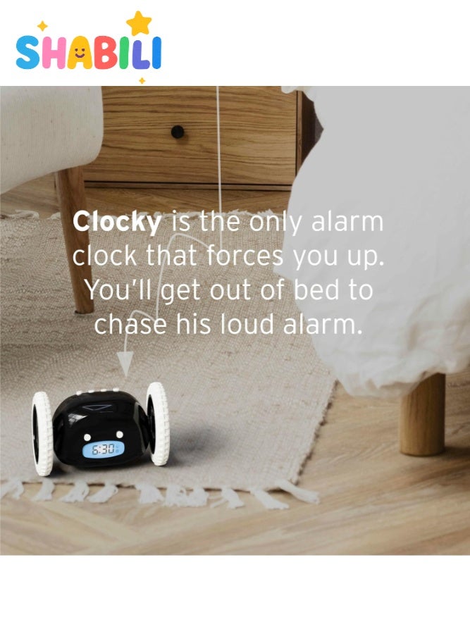 شبيلي منبّه يهرب على عجلات لذوي النوم الثقيل والأطفال والطلاب، ساعة رقمية بصوت عالٍ تتحرك على الأرض مع قفل الغفوة وضبط مستوى الصوت، يعمل بالبطارية، هدية مضحكة لمن ينامون كثيراً - Image 3