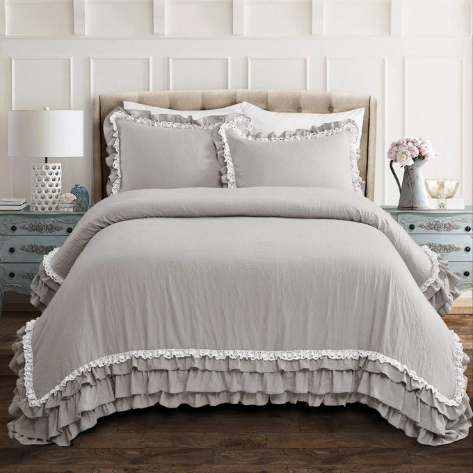 ELLA SHABBYCHIC RUFFLE LACE 3PIECE FULLQUEEN COMFORTER SET LIGHT GRAY