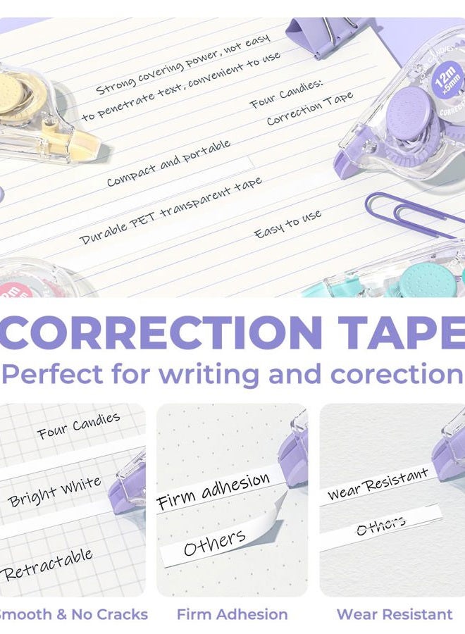 Four Candies White Correction Tape, 39.4 Feet, 4 Pack Easy to Use Applicator for Instant Corrections, Tear-Resistant, Smooth & Quick-Drying Tape for Office & School Supplies - Image 2