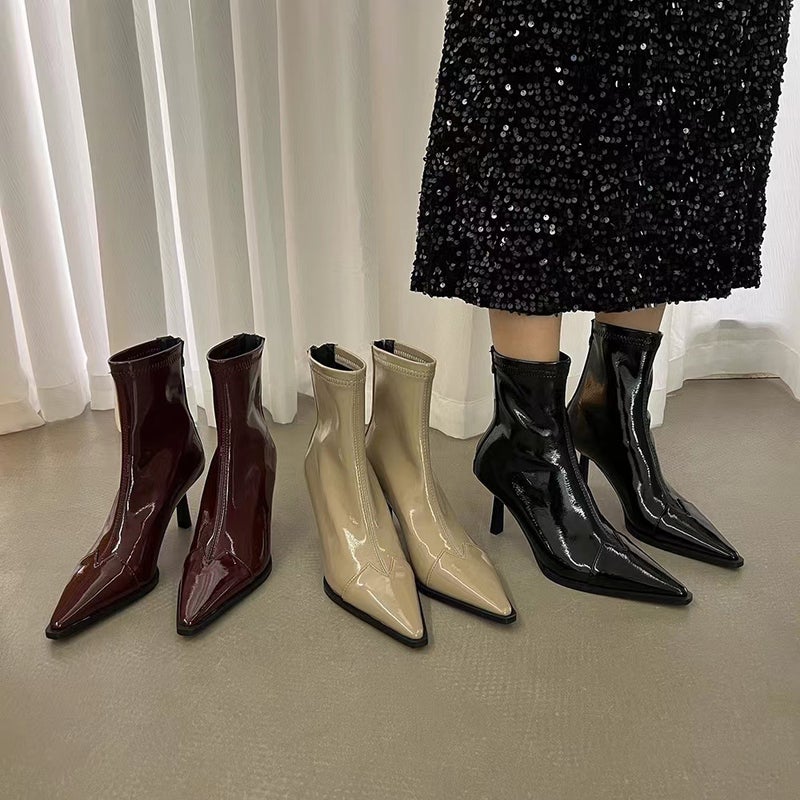 2023 New Pointed Rear Zip Ankle Boots Thin Heel Middle Tube Stretch Thin Boots Black Patent Leather Bright Leather Heel Boots Black 