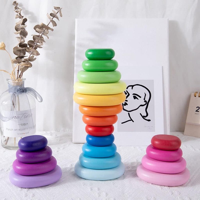 klarako Wooden Stacking Blocks Rainbow Balancing Stone Development Classic Building Tower Toy Fine Motor Skill Stacker Game for Boy and Girl Preschool - 20pcs Rainbow - Image 4