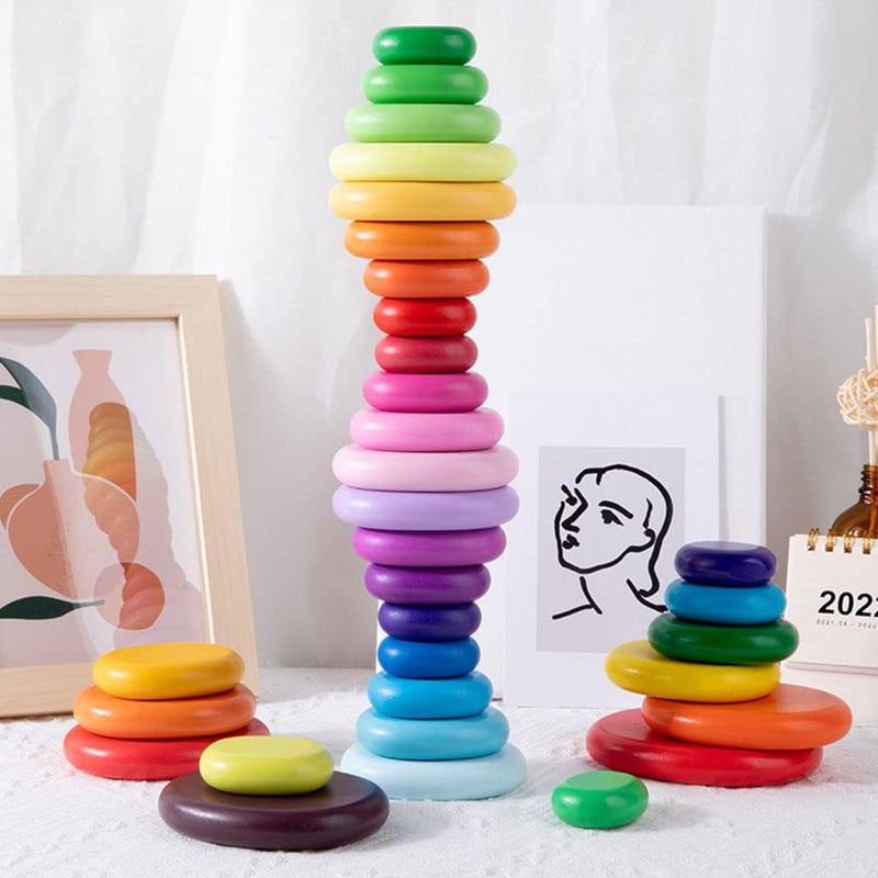 klarako Wooden Stacking Blocks Rainbow Balancing Stone Development Classic Building Tower Toy Fine Motor Skill Stacker Game for Boy and Girl Preschool - 20pcs Rainbow - Image 2