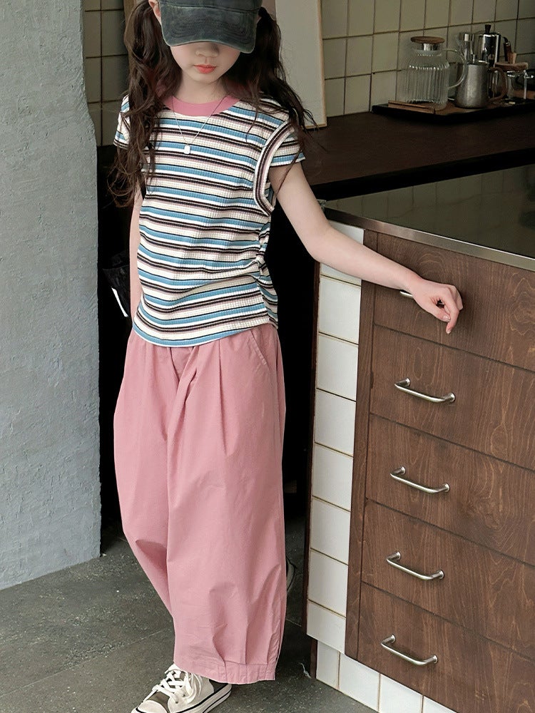 Children'S Clothing Girls Summer Stripesd Short-Sleeved T-Shirt Suit Big Kidsren'S Summer Style Fashionable Thin Tops - Image 3