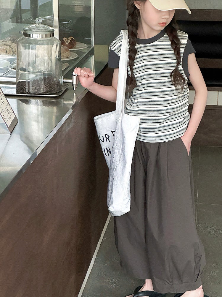Children'S Clothing Girls Summer Stripesd Short-Sleeved T-Shirt Suit Big Kidsren'S Summer Style Fashionable Thin Tops - Image 4