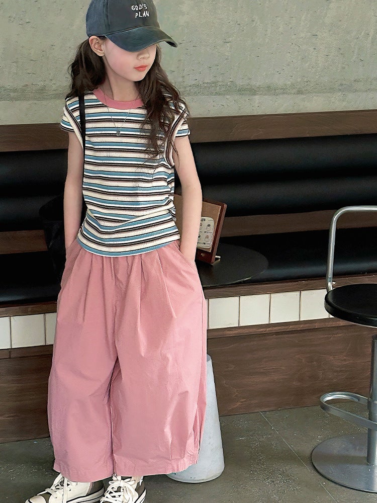 Children'S Clothing Girls Summer Stripesd Short-Sleeved T-Shirt Suit Big Kidsren'S Summer Style Fashionable Thin Tops - Image 5