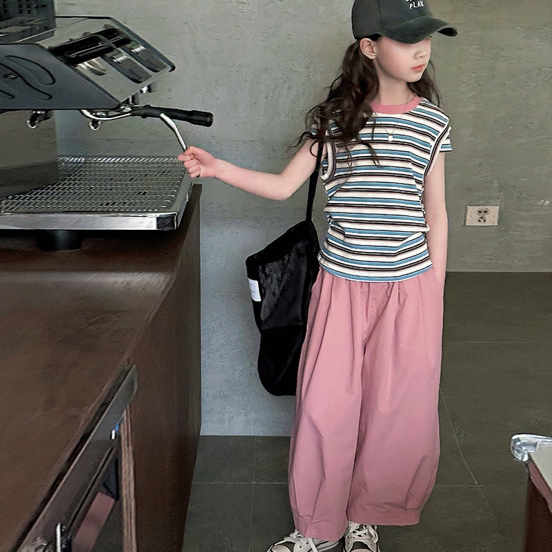 Children'S Clothing Girls Summer Stripesd Short-Sleeved T-Shirt Suit Big Kidsren'S Summer Style Fashionable Thin Tops - Image 1