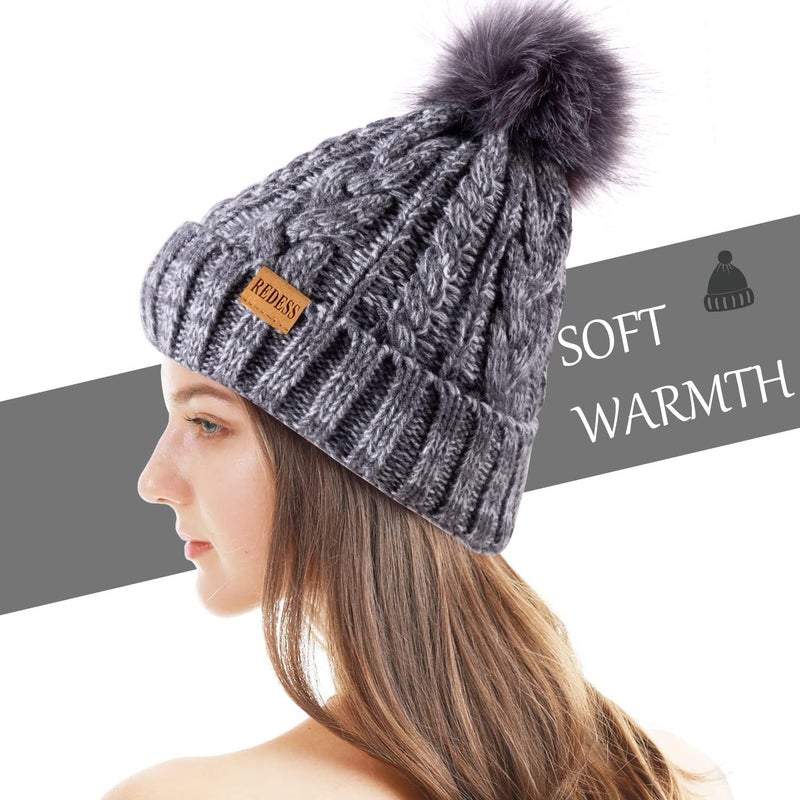 REDESS Women Winter Pompom Beanie Hat with Warm Fleece Lined, Thick Slouchy Snow Knit Skull Ski Cap - Image 2