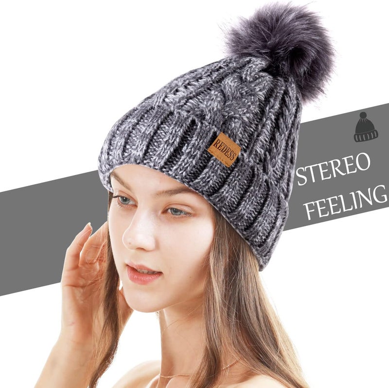 REDESS Women Winter Pompom Beanie Hat with Warm Fleece Lined, Thick Slouchy Snow Knit Skull Ski Cap - Image 1