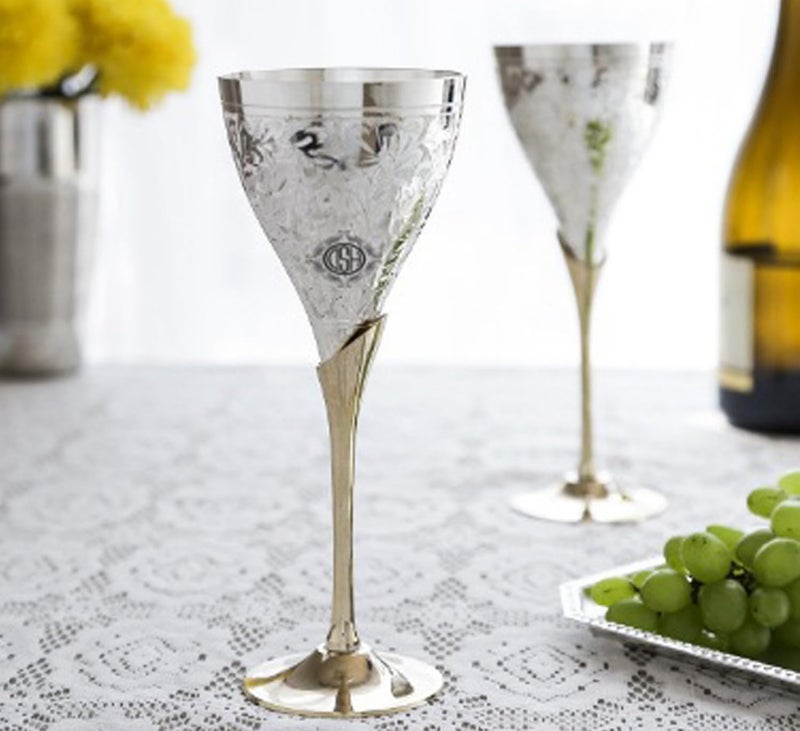 DSH Antique Silver Plated Unique Design Hand Engraved Goblet Flute Wine/Champagne Glass Best for Parties 100 Ml Each (Set of 2) - Image 2