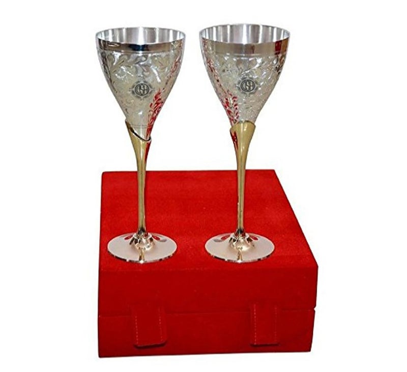 DSH Antique Silver Plated Unique Design Hand Engraved Goblet Flute Wine/Champagne Glass Best for Parties 100 Ml Each (Set of 2) - Image 1