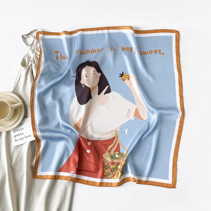 Premium Silk Scarf Cartoon Digital Print L7356-Sweet Girl