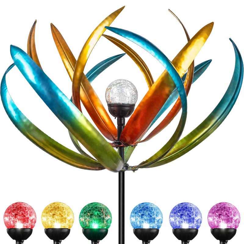 Qualdout Large Solar Wind Spinners for Yard and Garden-82.6 Inch 360Â° Metal Wind Sculptures Outdoor Clearance Kinetic Windmills with Multi Color Led Glass Ball - Image 1