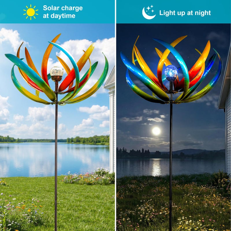 Qualdout Large Solar Wind Spinners for Yard and Garden-82.6 Inch 360Â° Metal Wind Sculptures Outdoor Clearance Kinetic Windmills with Multi Color Led Glass Ball - Image 4