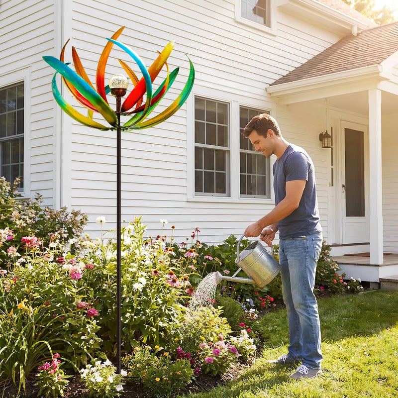 Qualdout Large Solar Wind Spinners for Yard and Garden-82.6 Inch 360Â° Metal Wind Sculptures Outdoor Clearance Kinetic Windmills with Multi Color Led Glass Ball - Image 2